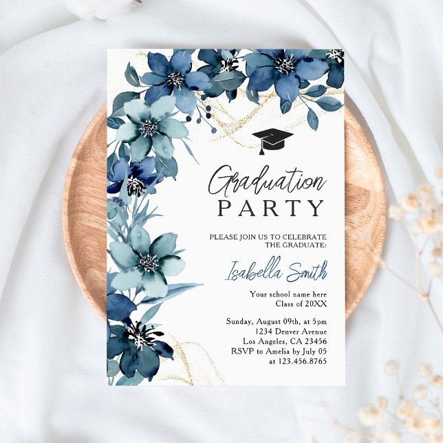 Navy Blue Wild Flowers Chic Graduation Invitation (Creator Uploaded)