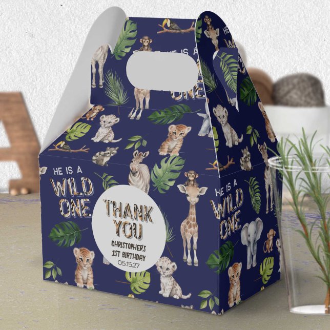Navy Blue WIld One Themed Safari Animals Birthday Favour Box (Navy Blue, Wild One Safari Themed 1st birthday favor box.)