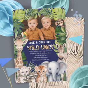 Navy Blue Wild one, Twins Photo Safari themed Invitation