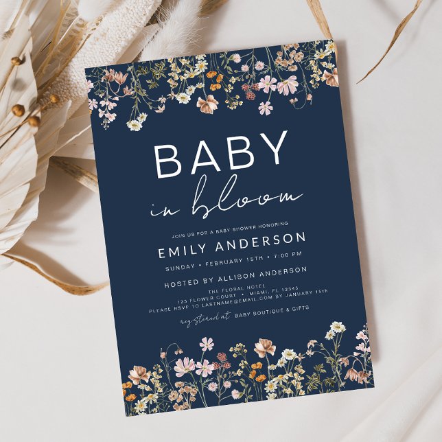 Navy Blue Wildflower Baby in Bloom Baby Shower Invitation (Creator Uploaded)