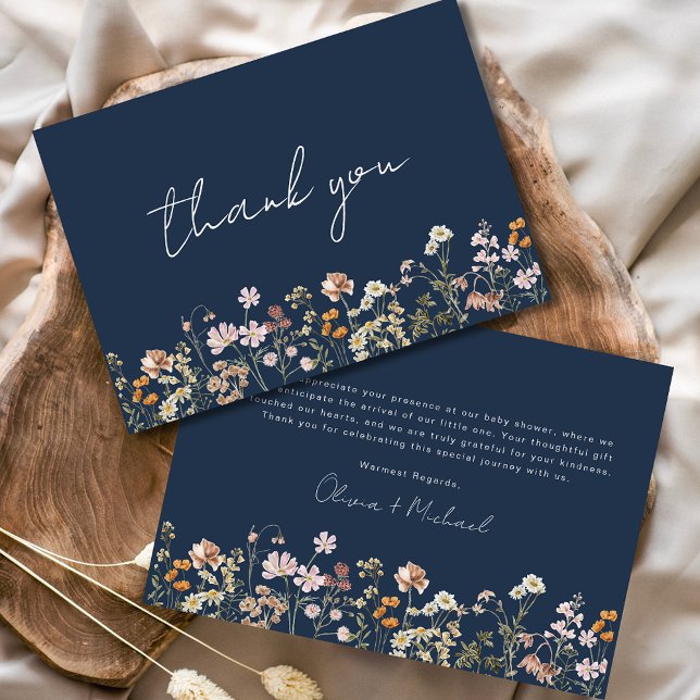 Navy Blue Wildflower Baby in Bloom Baby Shower Thank You Card (Creator Uploaded)