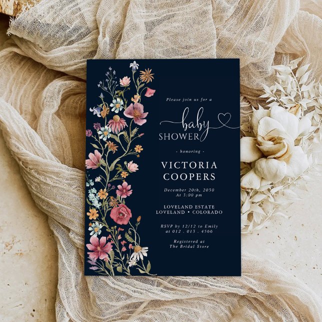 Navy Blue Wildflower Baby Shower Invitation (Creator Uploaded)