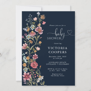 Navy Blue Wildflower Baby Shower Invitation