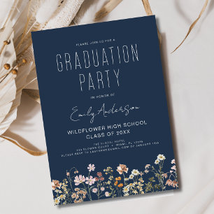 Navy Blue Wildflower Bloom Graduation Party Boho Invitation