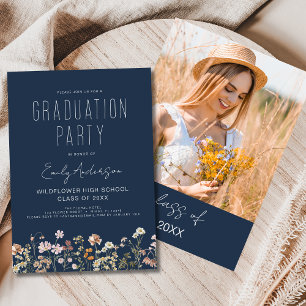 Navy Blue Wildflower Bloom Graduation Party Boho Invitation