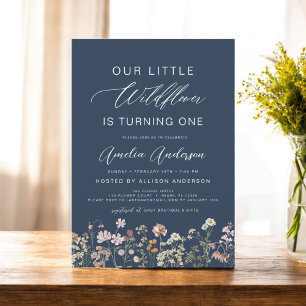 Navy Blue Wildflower Boho First 1st Birthday Invitation