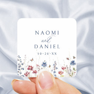 Navy Blue Wildflower Field Rustic Wedding Favors Square Sticker