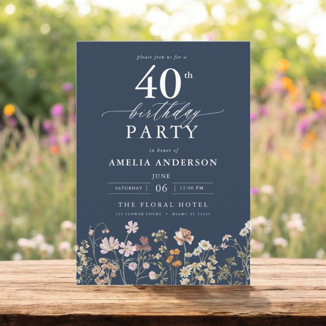 Navy Blue Wildflower Floral 40th Birthday Invitation (Creator Uploaded)