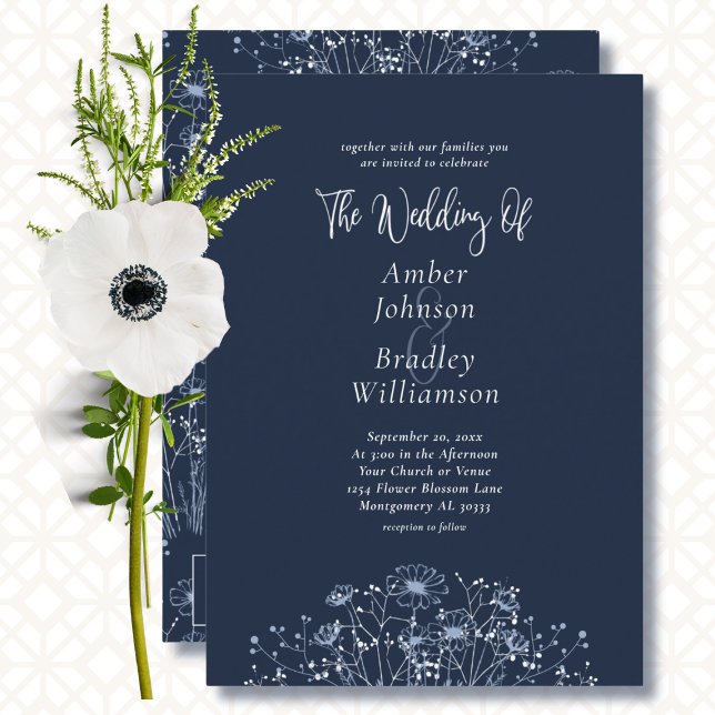 Navy Blue Wildflower Floral QR Code Wedding Invitation (Creator Uploaded)