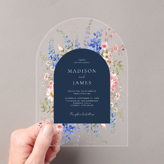 Navy Blue Wildflower Floral Wedding Acrylic Invitations (Insitu (Handheld))