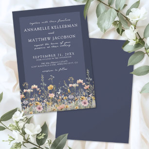 Navy Blue Wildflower Floral Wedding Invitation