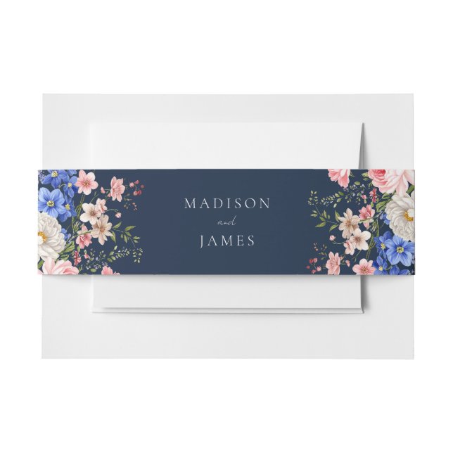 Navy Blue Wildflower Floral Wedding Invitation Belly Band (Front Example)