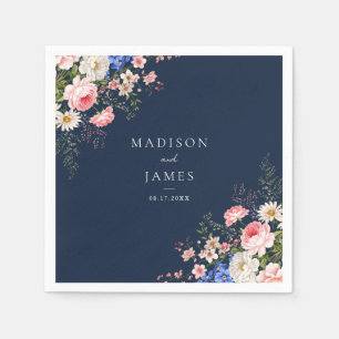 Navy Blue Wildflower Floral Wedding Napkin