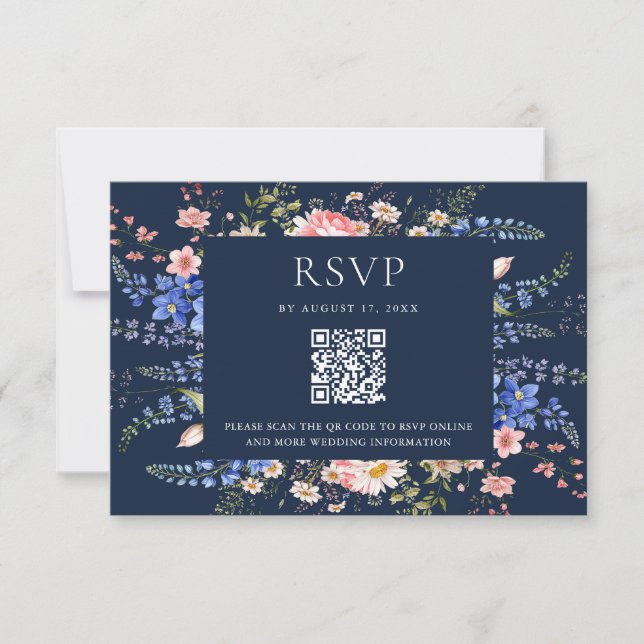 Navy Blue Wildflower Floral Wedding RSVP Card (Front)