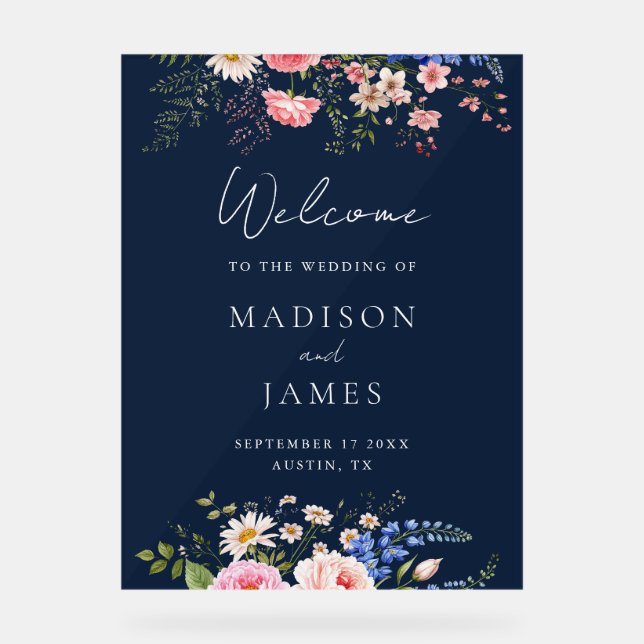 Navy Blue Wildflower Floral Wedding Welcome Acrylic Sign (Front)