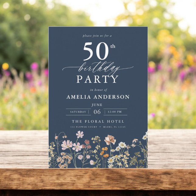 Navy Blue Wildflower Garden Floral 50th Birthday Invitation (Creator Uploaded)
