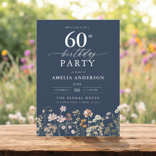 Navy Blue Wildflower Garden Floral 60th Birthday Invitation