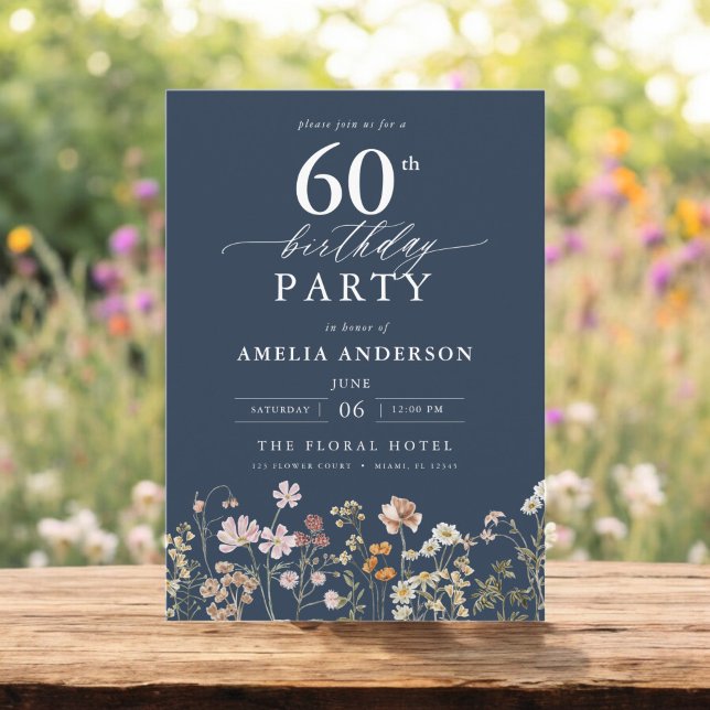 Navy Blue Wildflower Garden Floral 60th Birthday Invitation (Creator Uploaded)