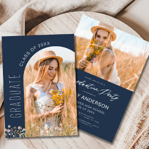 Navy Blue Wildflower Graduation Party Arch Photo Invitation