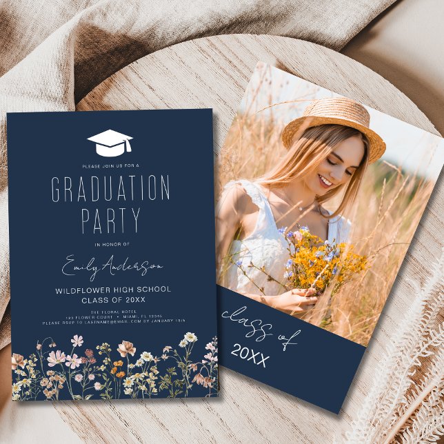 Navy Blue Wildflower Graduation Party Boho Invitation (Creator Uploaded)