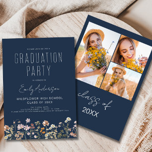 Navy Blue Wildflower Graduation Party Photo Boho Invitation
