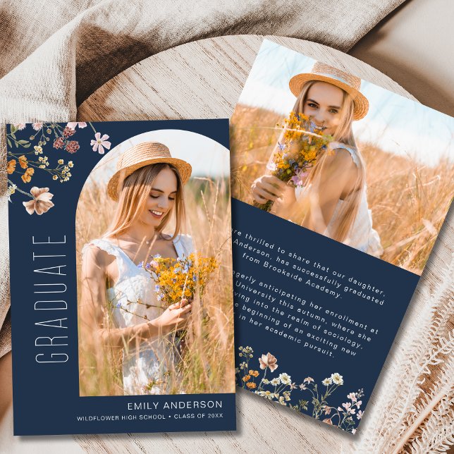 Navy Blue Wildflower Graduation Photo Announcement (Creator Uploaded)