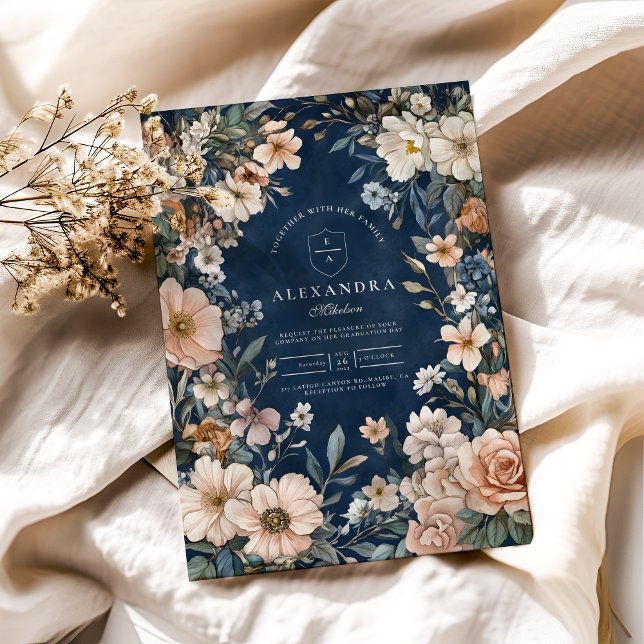 Navy Blue Wildflower Meadow Garden Graduation  Invitation (Creator Uploaded)