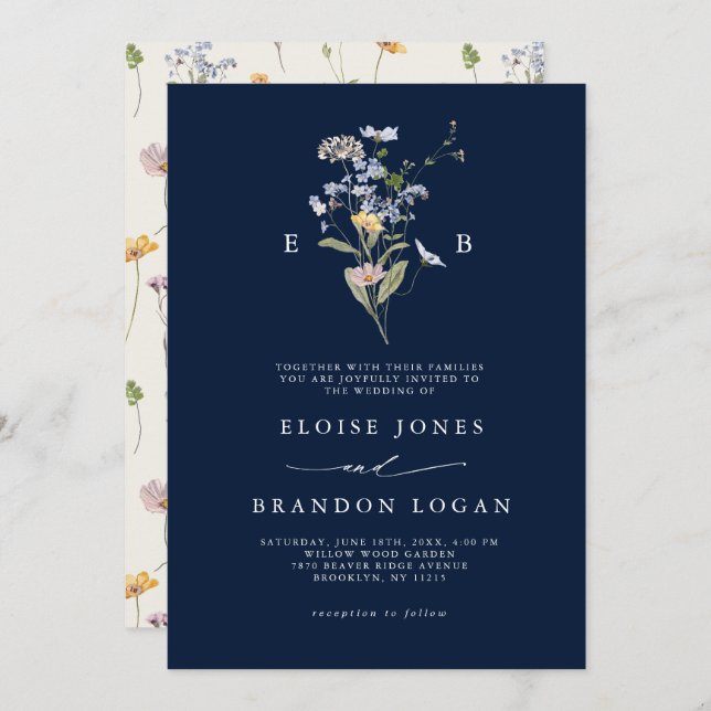 Navy Blue Wildflower Meadow Garden  Wedding   Invitation (Front/Back)