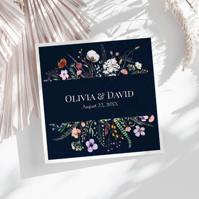 Navy Blue Wildflower Meadow Wedding Napkins (Navy Blue Wildflower Meadow Wedding Napkins on a sunny white table.)