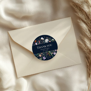 Navy Blue Wildflower Meadow Wedding Thank You Classic Round Sticker