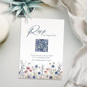 Navy Blue Wildflower Rustic Wedding QR code RSVP Card