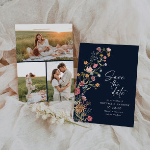 Navy Blue Wildflower Save The Date with Photo Card