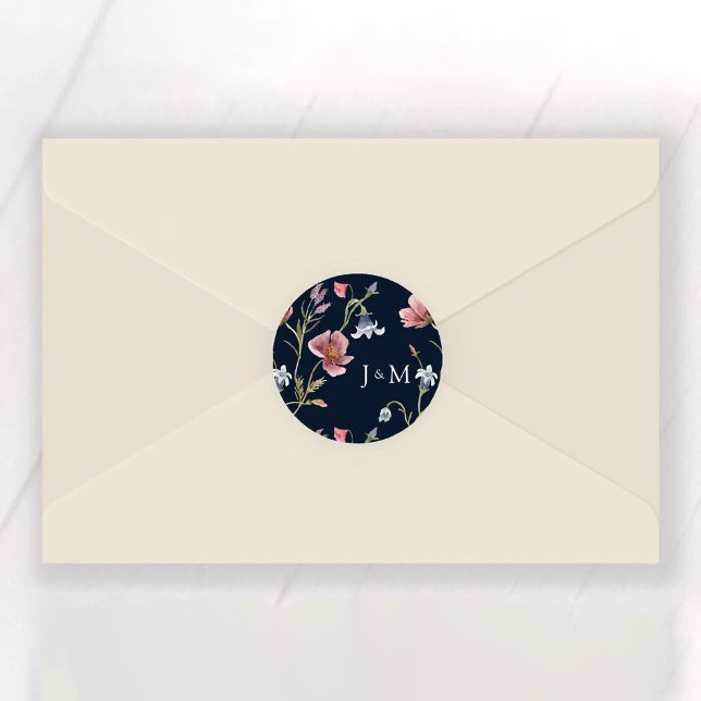 Navy Blue Wildflower Wedding Classic Round Sticker (Creator Uploaded)