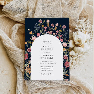 Navy Blue Wildflowers Arch Wedding Invitation