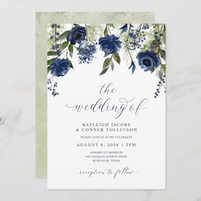 Navy Blue Wildflowers Botanical Wedding Invitation (Front/Back)