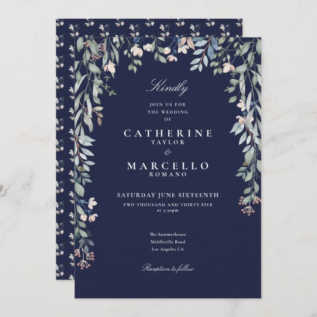 Navy Blue Wildflowers Floral Greenery Wedding Invitation (Front/Back)