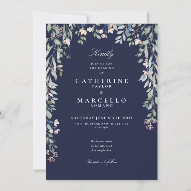 Navy Blue Wildflowers Floral QR Code Wedding Invitation (Front)