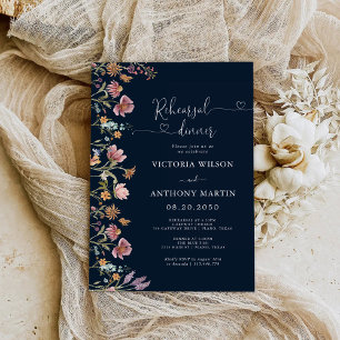 Navy Blue Wildflowers Rehearsal Dinner Invitation