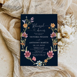 Navy Blue Wildflowers Rehearsal Dinner Invitation