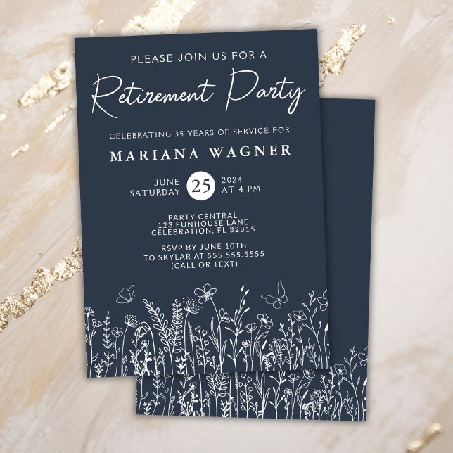 Navy Blue Wildflowers Retirement Party Invitation (Creator Uploaded)