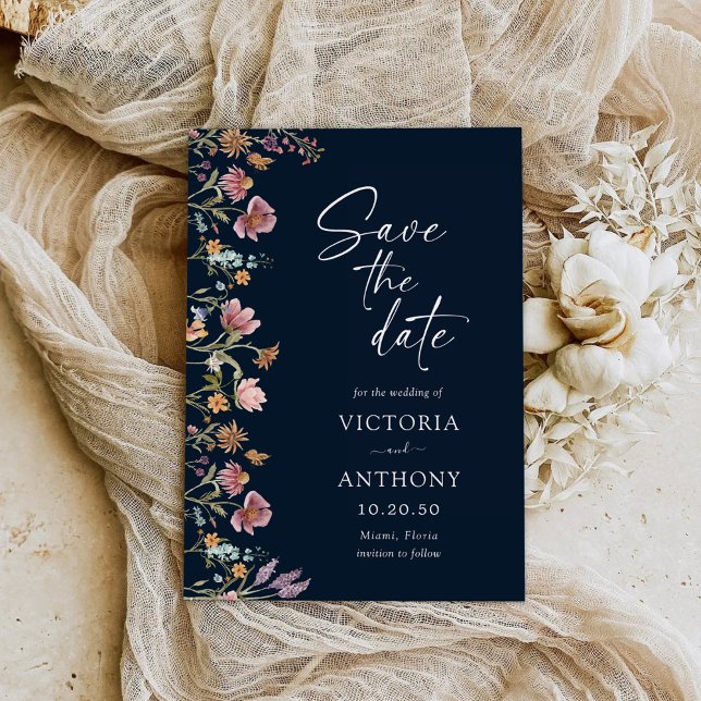Navy Blue Wildflowers Save The Date Cards (Creator Uploaded)