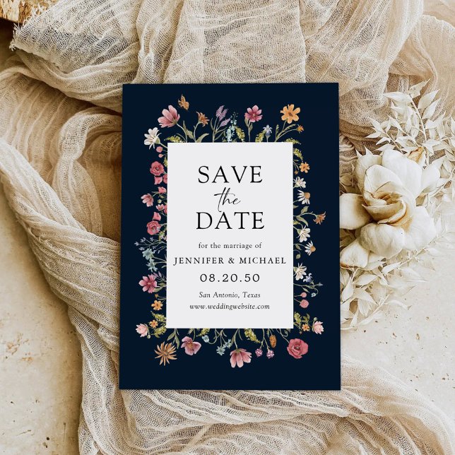 Navy Blue Wildflowers Save The Date Cards (Creator Uploaded)