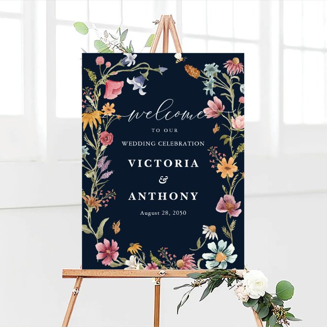 Navy Blue Wildflowers Wedding Celebration Poster (Creator Uploaded)