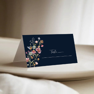 Navy Blue Wildflowers Wedding Folded Place Cards