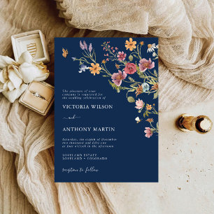 Navy Blue Wildflowers Wedding Invitation