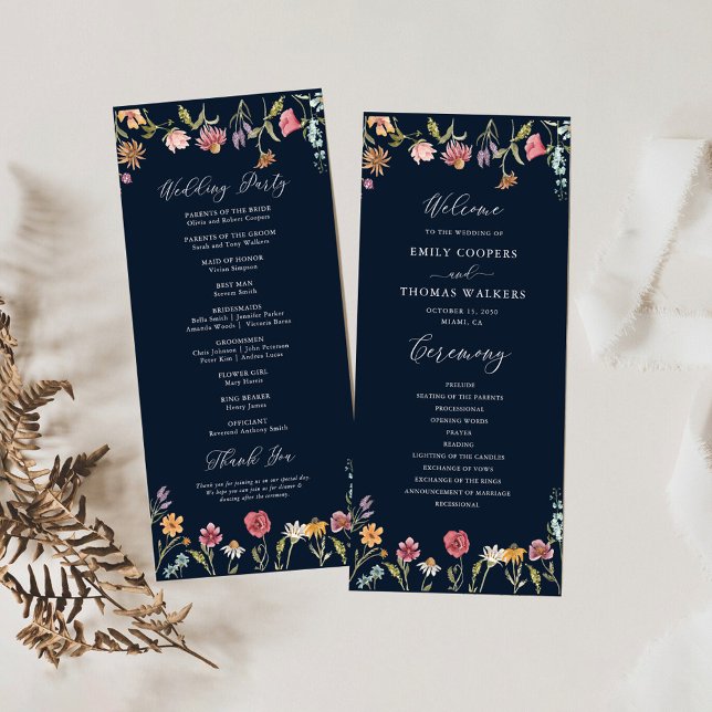 Navy Blue Wildflowers Wedding Program (Creator Uploaded)