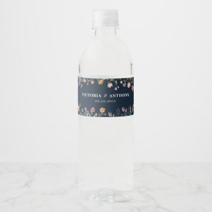 Navy Blue Wildflowers Wedding Water Bottle Labels