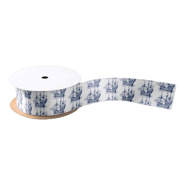 Navy-Blue Wind Sailing Boat 2 Pattern Satin Ribbon (Spool)