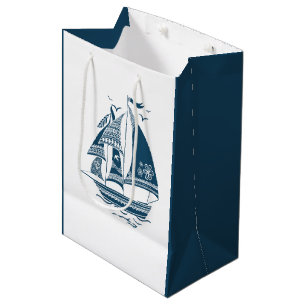 Navy-Blue Wind Sailing Nautical Boat Illustration Medium Gift Bag