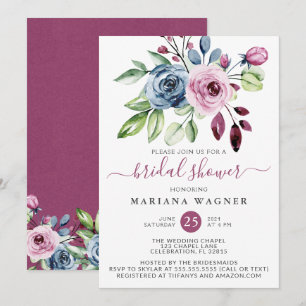 Navy Blue Wine Watercolor Floral Bridal Shower Inv Invitation